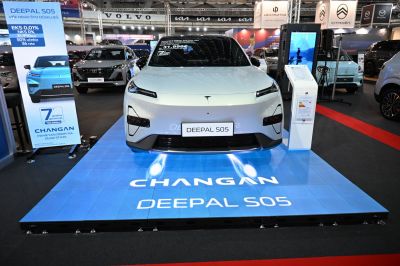 Futuristic front design with sleek LED headlights on electric SUV