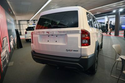Rear view with prominent tail lights and large rear window