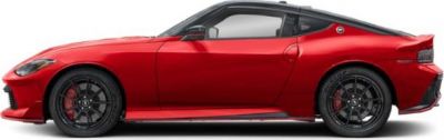 Side profile of a sporty red coupe with aerodynamic body and performance wheels