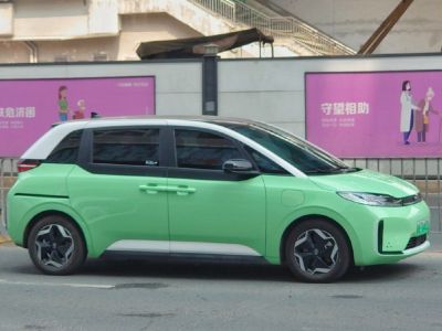 Compact EV with two-tone roof and sliding rear door