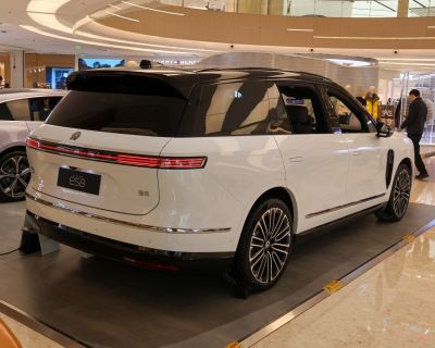 Rear view of electric SUV with LED taillights and black roof.
