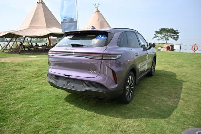 Sleek horizontal tail lights and smooth rear design of an SUV.