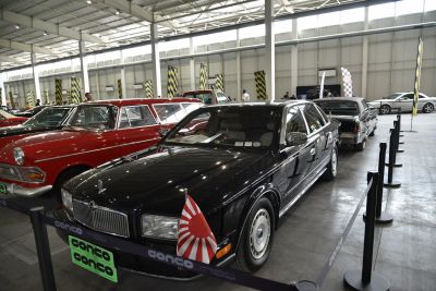 Black luxury sedan with flag pole and rectangular grille