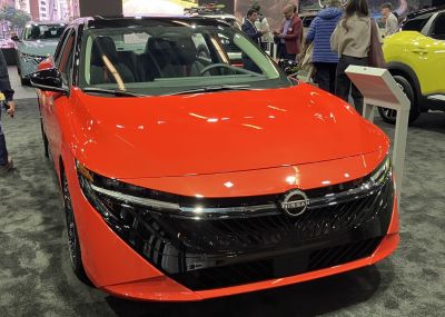Front view of bold grille and sleek headlights