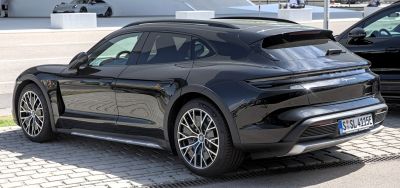 Rear-side view, sleek sport wagon silhouette
