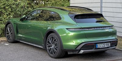 Green sporty electric wagon with panoramic roof and aerodynamic rear design