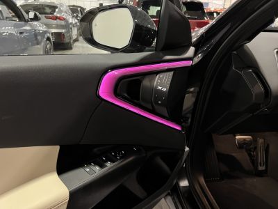 Ambient purple lighting and door control panel on car door interior