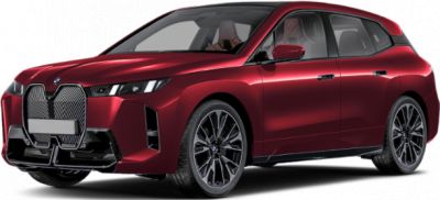 Front exterior of a red electric luxury SUV with LED headlights and aerodynamic styling