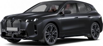 Front side view of black electric SUV with large kidney grille and sleek headlights