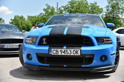 Front view of a Shelby II with black racing stripes and Cobra emblem