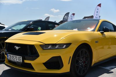 Yellow Mustang VII with 5.0 badge and aggressive front grille