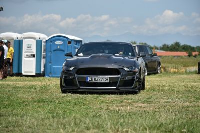 Aggressive front fascia with hood scoop and sharp headlights.