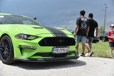 Close-up of front with black grille and hood stripes