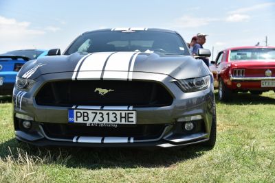 Close-up of front grille with Mustang emblem and white racing stripes
