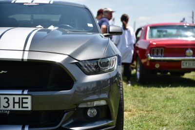 Close-up of front headlight, racing stripes, and fog light.