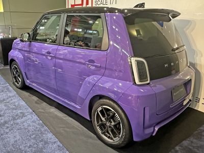 Rear and side of compact hatchback with distinctive boxy styling and detailed taillights