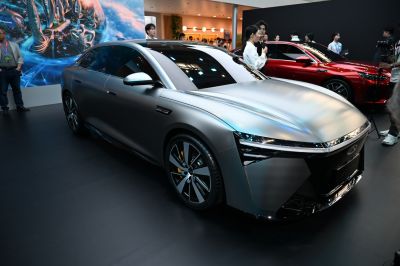 Futuristic LED headlights and aerodynamic sports sedan design