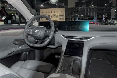 Modern interior with digital dashboard and touchscreen controls