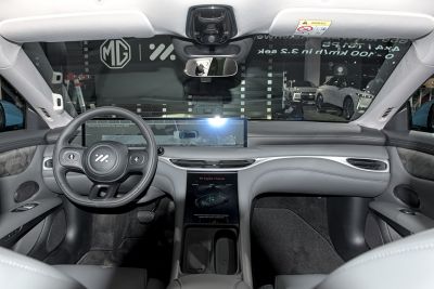 Digital dashboard with widescreen display and modern steering wheel