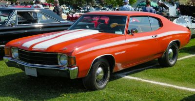Vintage sport coupe with racing stripes and muscular body