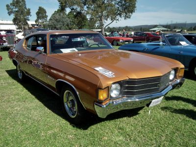 Front and side view of vintage muscle sport coupe with chrome grille.