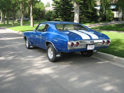 Rear view of 1970s muscle sport coupe with dual racing stripes and round taillights