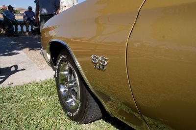 Close-up of SS badge and chrome wheel with BF Goodrich tire.