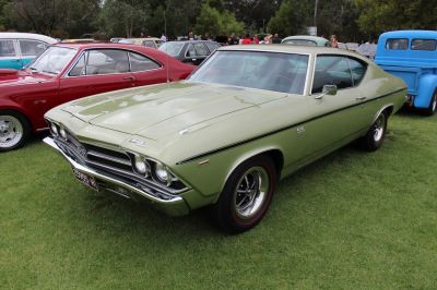 Classic muscle car with dual headlights and side stripe