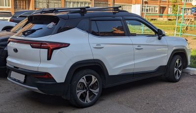 Rear and side view of white SUV with modern tail lights and roof rails