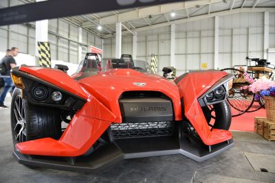 Front end view with distinctive headlights and aggressive styling