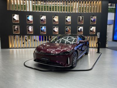 Sleek front and side profile of an electric SUV with LED headlights