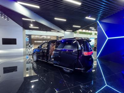 Rear and sliding door interior view of a luxury minivan