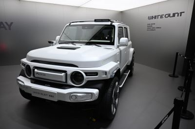 Front exterior of a modern electric SUV with round LED headlights and robust bumper