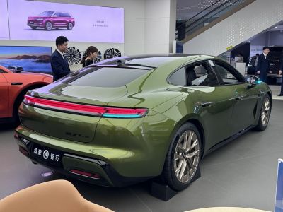 Rear view of a green electric sedan with LED taillights and sporty wheels