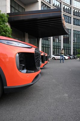 Close-up of front grille and sleek headlights