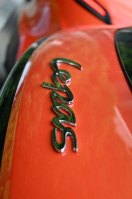 Close-up of shiny chrome Lepas badge on orange vehicle