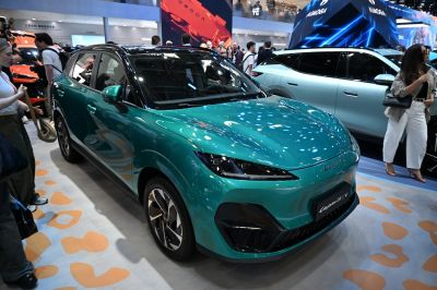 Electric SUV with sleek LED headlights and aerodynamic design