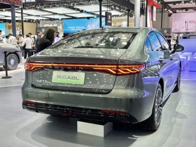 Rear view of luxury sedan with LED strip taillights and sleek modern design