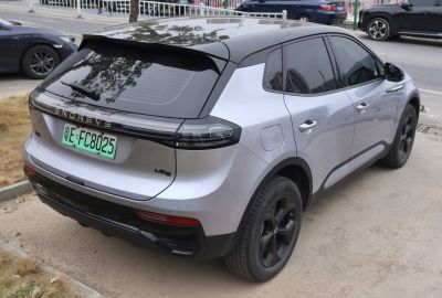 Rear view of an SUV with black roof, spoiler, and full-width LED tail lights