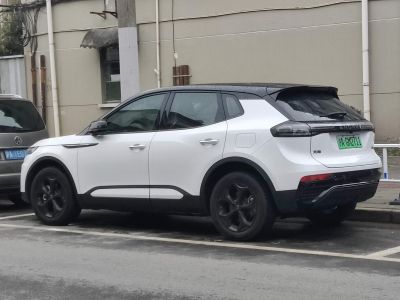 White electric SUV parked, black roof, prominent rear-side view