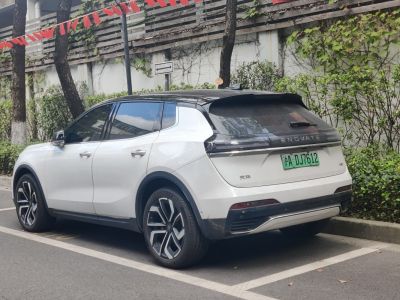 Rear and side view of an electric SUV with alloy wheels and two-tone roof.
