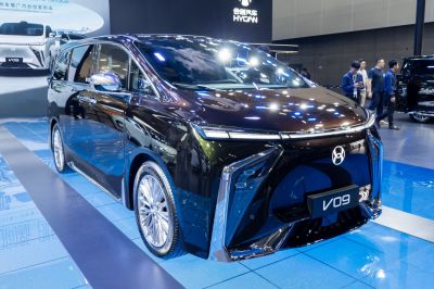 Futuristic front and side exterior with LED headlights