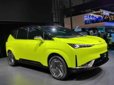 Futuristic electric SUV with LED headlights and aerodynamic design