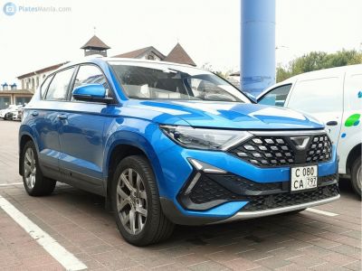 Sharp angular headlights and large black honeycomb mesh grille on blue SUV.
