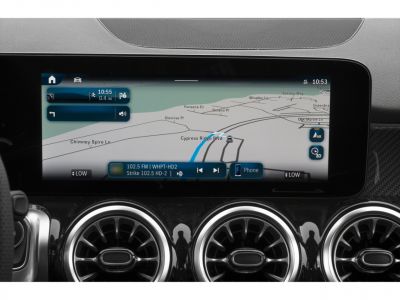 Infotainment and navigation screen with digital map and media controls