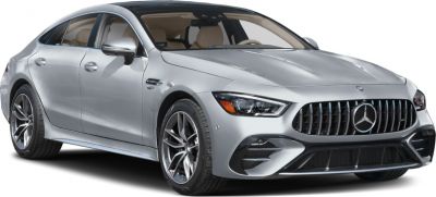 Silver 4-door coupe front side with aggressive grille and alloy wheels
