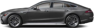 Side profile of a sleek 4-door luxury coupe with distinctive wheels