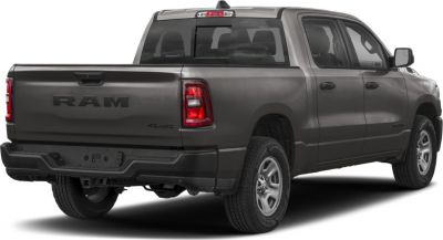 Rear view of 4x4 pickup with quad cab short bed and distinct taillights