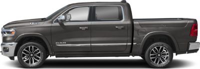 Side profile of a 4-door pickup truck with short bed and chrome trim