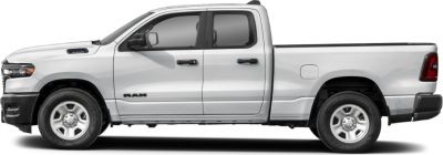 Side view of a pickup truck with quad cab and short bed